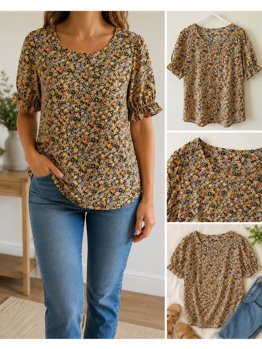 Ditsy Floral Ruffle Sleeve Flowy Blouse Cottage Core Casual Fall Top  NWOT